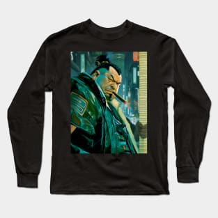 Puff Sumo 2: Smoking a Fat Cigar in a Dystopian City Scene on a Dark Background Long Sleeve T-Shirt